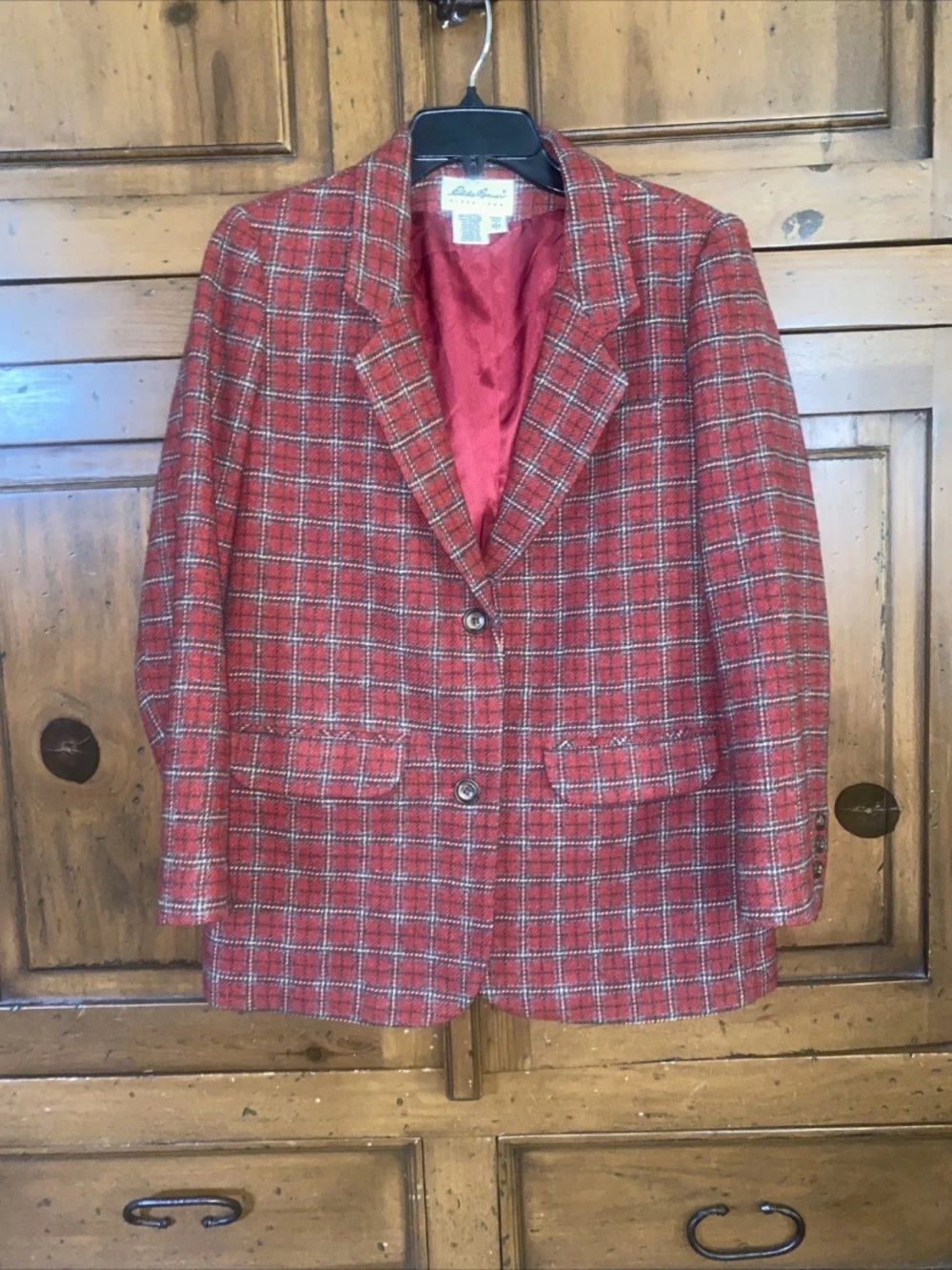 Vintage 90's Eddie Bauer Red Plaid Wool Blazer-Lined-Petite S-Preppy-Academia